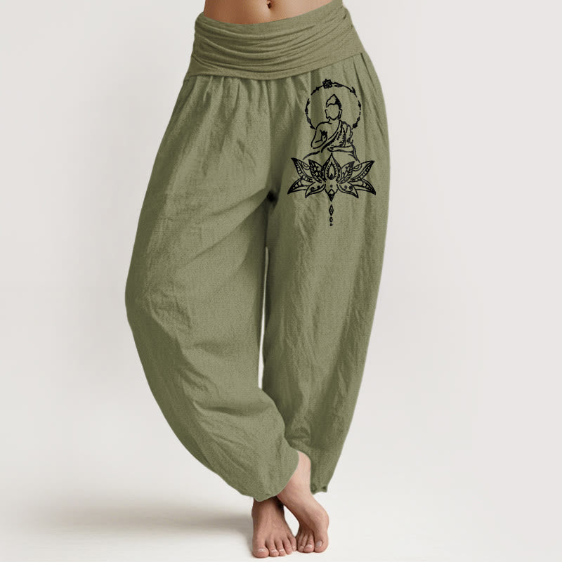 Pantalones Buddha Stones de algodón puro con estampado de Buda de loto y cintura elástica para mujer - Verde oliva - US16，UK/AU20，EU48 (3XL) - image 14
