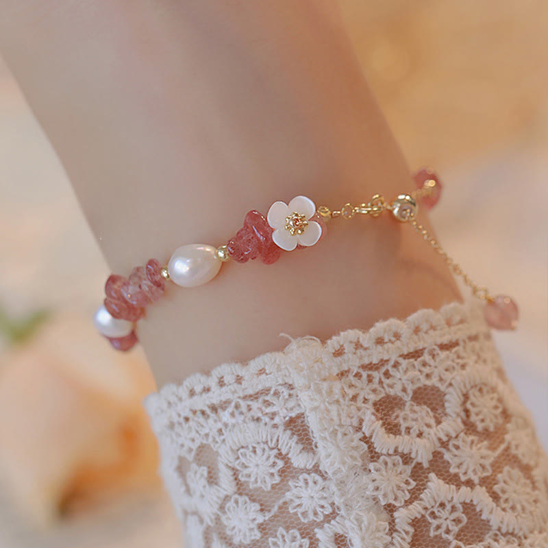 Pulsera de cadena curativa de cuarzo fresa irregular natural con perla de flor blanca y Buddha Stones - Cuarzo fresa (circunferencia de la muñeca: 14-18 cm) - image 0