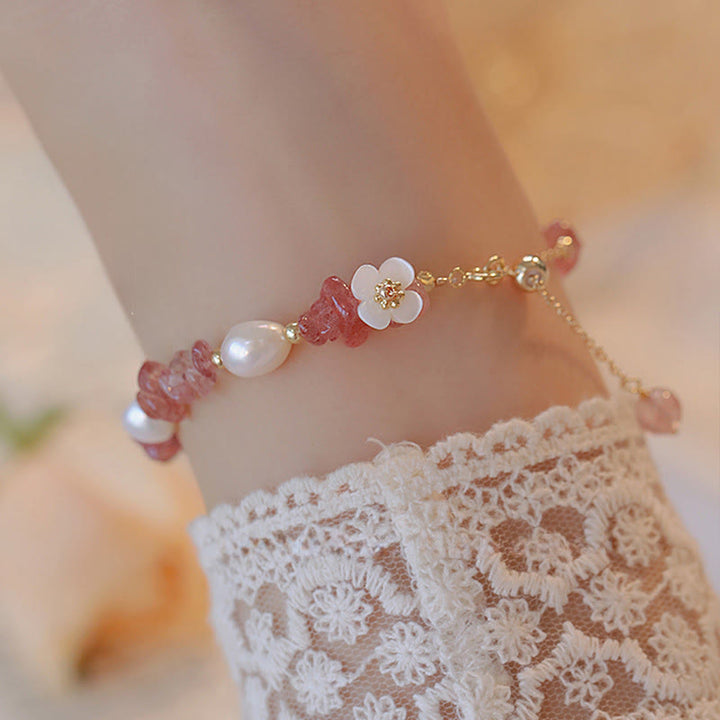 Pulsera de cadena curativa de cuarzo fresa irregular natural con perla de flor blanca y Buddha Stones - Cuarzo fresa (circunferencia de la muñeca: 14-18 cm) - image 0