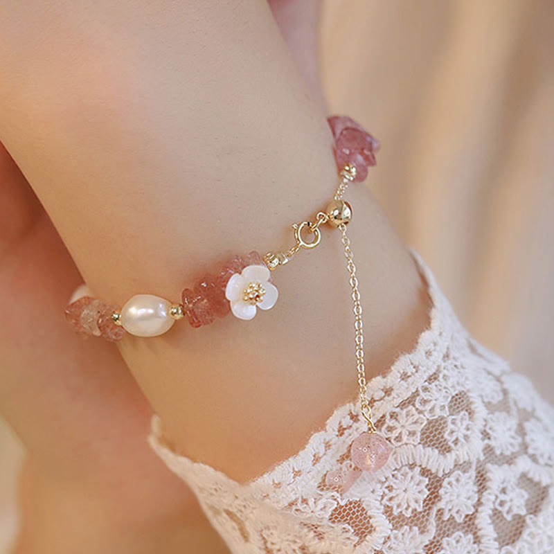 Pulsera de cadena curativa de cuarzo fresa irregular natural con perla de flor blanca y Buddha Stones - image 2