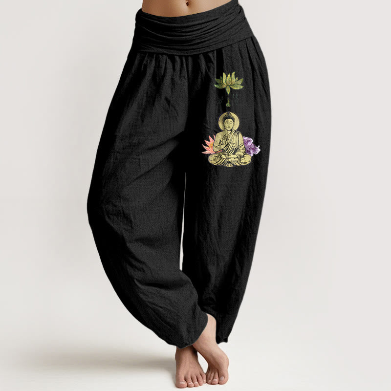 Pantalones Buddha Stones de algodón puro con estampado tradicional de Buda de loto para mujer, cintura elástica - Negro - US16，UK/AU20，EU48 (3XL) - image 0