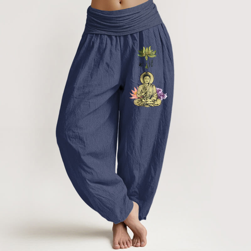 Pantalones Buddha Stones de algodón puro con estampado tradicional de Buda de loto para mujer, cintura elástica - Azul pizarra oscuro - US16，UK/AU20，EU48 (3XL) - image 5