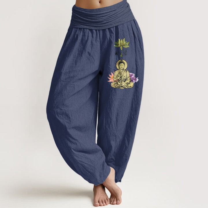 Pantalones Buddha Stones de algodón puro con estampado tradicional de Buda de loto para mujer, cintura elástica - Azul pizarra oscuro - US16，UK/AU20，EU48 (3XL) - image 5
