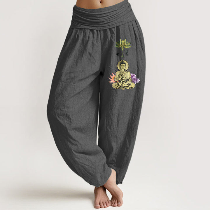 Pantalones Buddha Stones de algodón puro con estampado tradicional de Buda de loto para mujer, cintura elástica - Gris oscuro - US16，UK/AU20，EU48 (3XL) - image 8