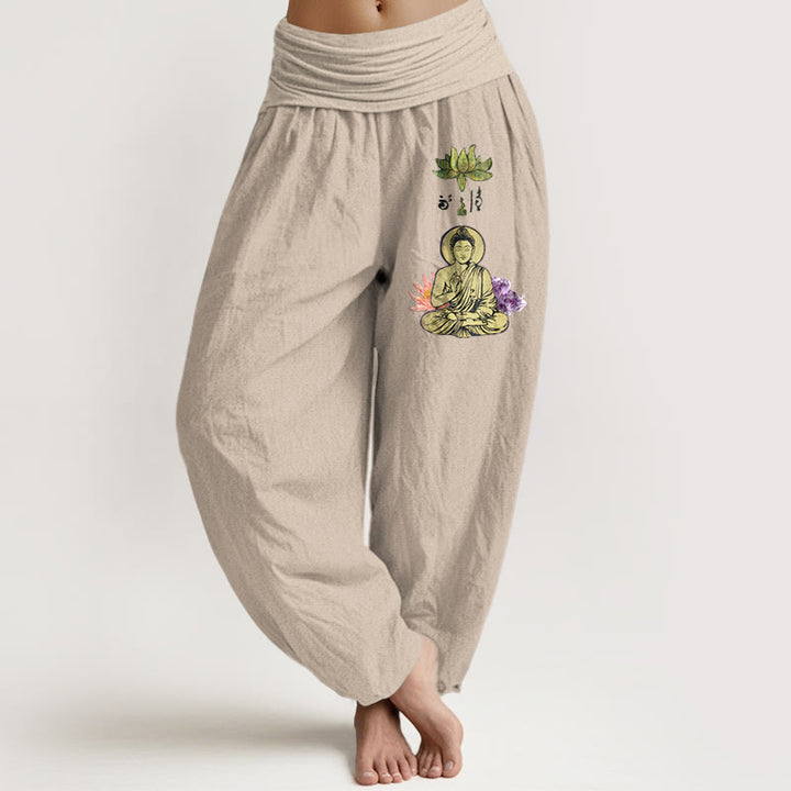 Pantalones Buddha Stones de algodón puro con estampado tradicional de Buda de loto para mujer, cintura elástica - Broncearse - US16，UK/AU20，EU48 (3XL) - image 11