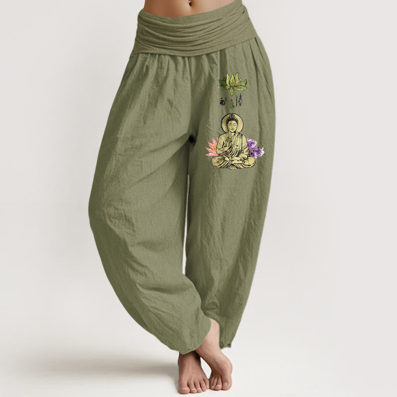 Pantalones Buddha Stones de algodón puro con estampado tradicional de Buda de loto para mujer, cintura elástica - Verde oliva - US16，UK/AU20，EU48 (3XL) - image 14
