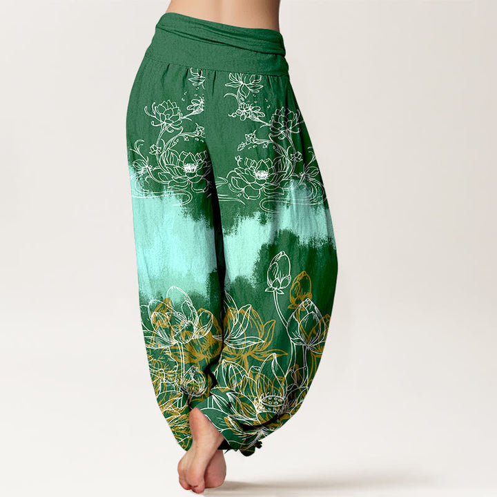 Pantalones harén de algodón con estampado de loto colorido y Buddha Stones para mujer, cintura elástica - image 1
