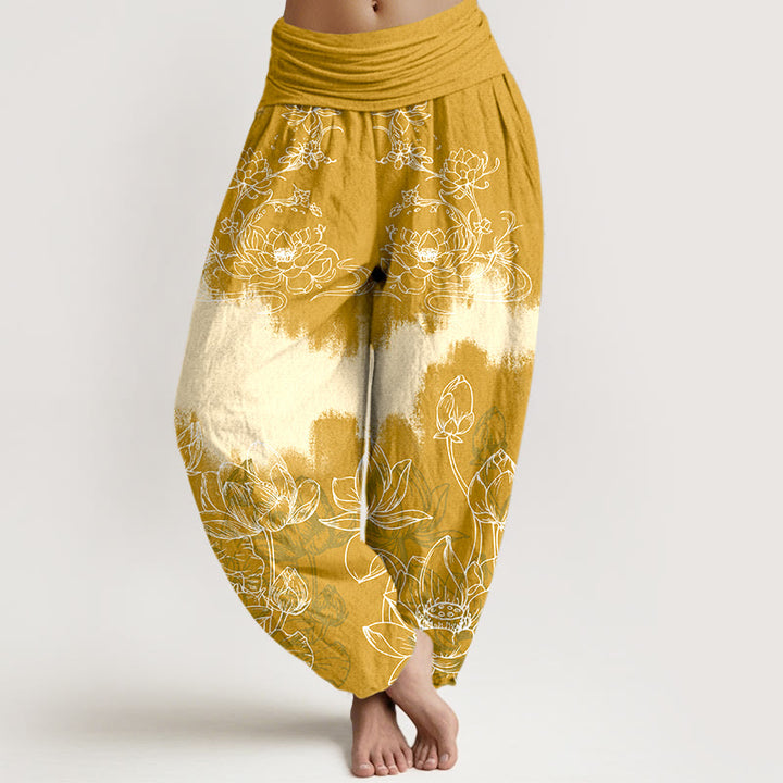 Pantalones harén de algodón con estampado de loto colorido y Buddha Stones para mujer, cintura elástica - Oro - US16，UK/AU20，EU48 (3XL) - image 5
