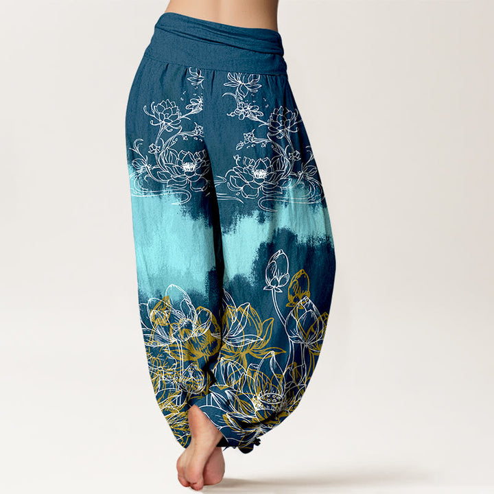 Pantalones harén de algodón con estampado de loto colorido y Buddha Stones para mujer, cintura elástica - image 9
