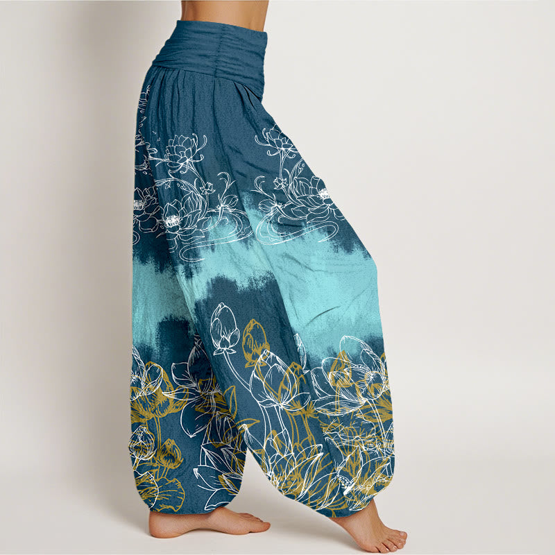 Pantalones harén de algodón con estampado de loto colorido y Buddha Stones para mujer, cintura elástica - image 10