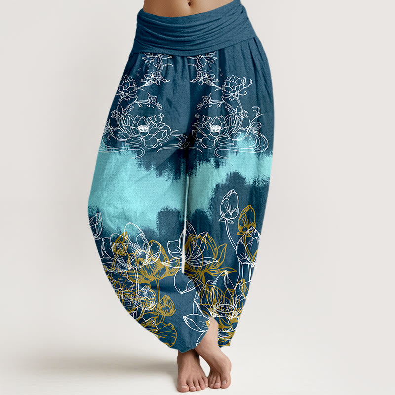 Pantalones harén de algodón con estampado de loto colorido y Buddha Stones para mujer, cintura elástica - Azul acero - US16，UK/AU20，EU48 (3XL) - image 8