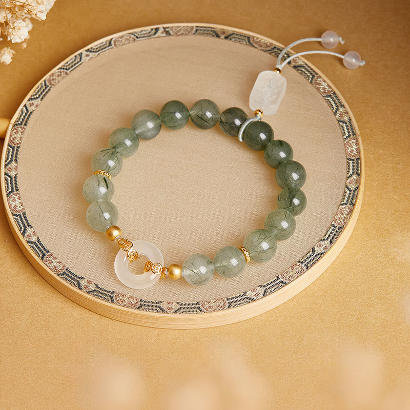 Buddha Stones de plata de ley 925 con cuarzo rutilado verde y calcedonia blanca con hebilla de paz y coraje - image 1