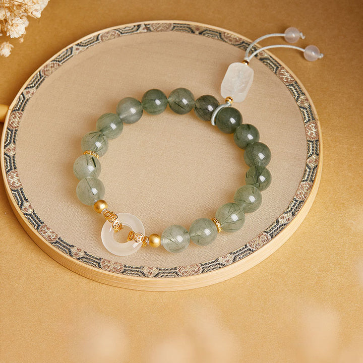 Buddha Stones de plata de ley 925 con cuarzo rutilado verde y calcedonia blanca con hebilla de paz y coraje - image 1