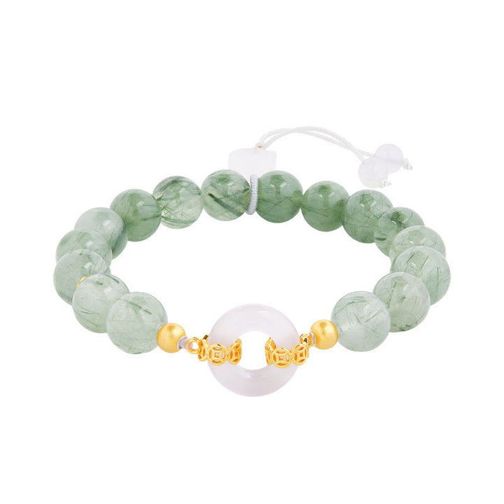 Buddha Stones de plata de ley 925 con cuarzo rutilado verde y calcedonia blanca con hebilla de paz y coraje - image 4