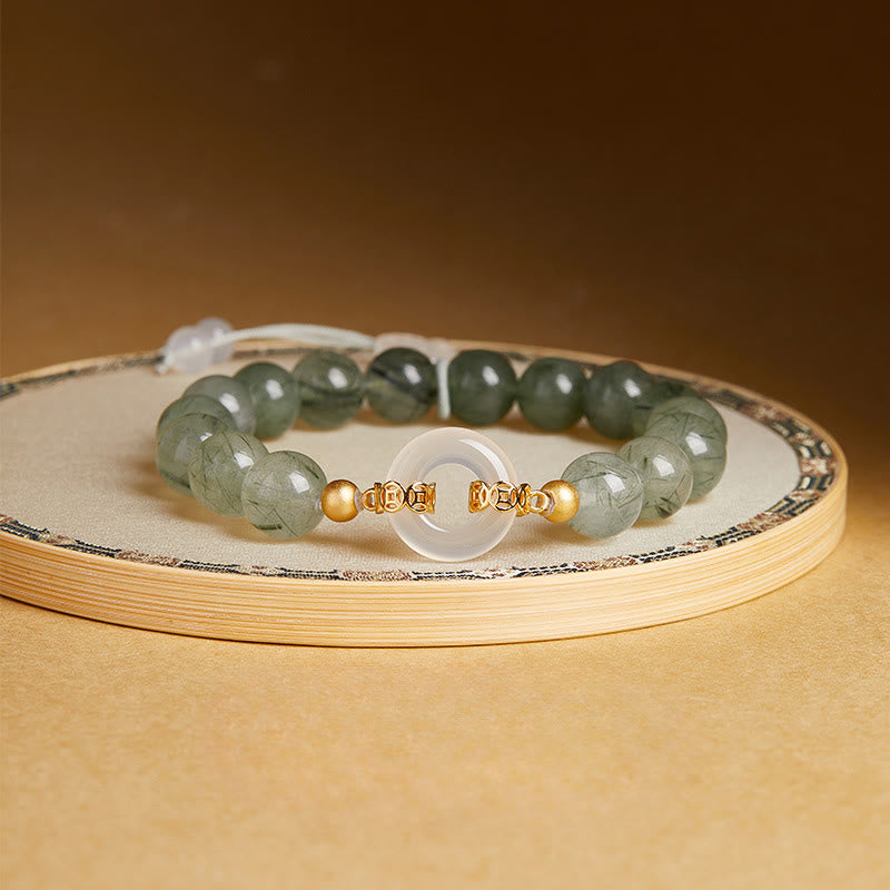 Buddha Stones de plata de ley 925 con cuarzo rutilado verde y calcedonia blanca con hebilla de paz y coraje - Cuarzo rutilado verde (circunferencia de la muñeca: 15-17 cm) - image 0