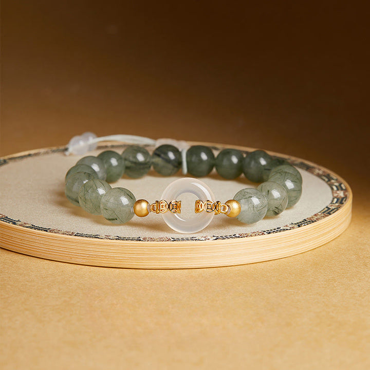 Buddha Stones de plata de ley 925 con cuarzo rutilado verde y calcedonia blanca con hebilla de paz y coraje - Cuarzo rutilado verde (circunferencia de la muñeca: 15-17 cm) - image 0