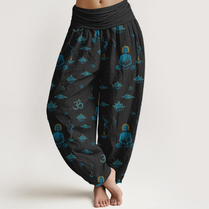 Pantalones Buddha Stones, símbolo Om, nube de loto y Buda, cintura elástica para mujer - Negro - US16，UK/AU20，EU48 (3XL) - image 0
