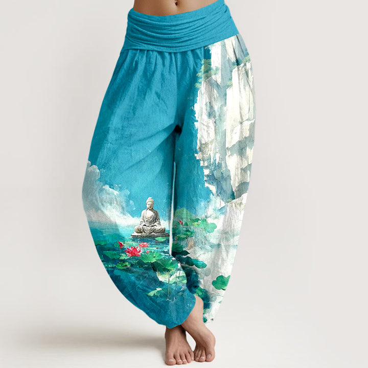 Pantalones harén con cintura elástica para mujer, diseño de Buddha Stones de algodón, flor de loto, hojas, rocas, superficie del agua, nube y patrón de Buda - Azul cielo profundo - US16，UK/AU20，EU48 (3XL) - image 0