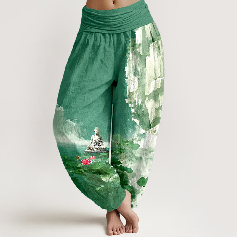 Pantalones harén con cintura elástica para mujer, diseño de Buddha Stones de algodón, flor de loto, hojas, rocas, superficie del agua, nube y patrón de Buda - Verde mar medio - US16，UK/AU20，EU48 (3XL) - image 5