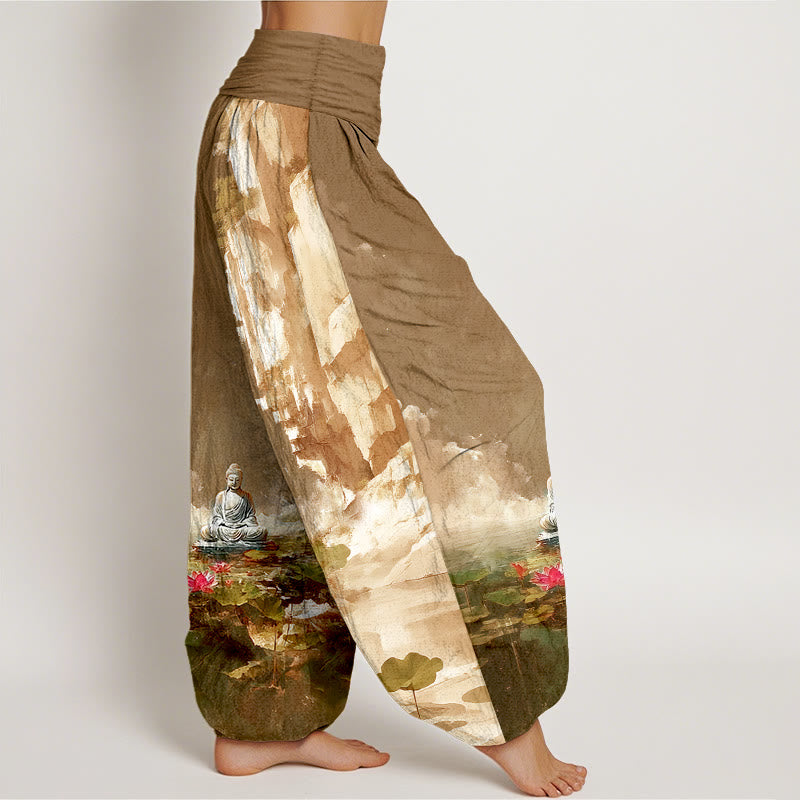 Pantalones harén con cintura elástica para mujer, diseño de Buddha Stones de algodón, flor de loto, hojas, rocas, superficie del agua, nube y patrón de Buda - image 10