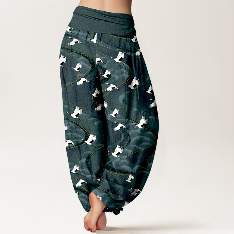 Pantalones Buddha Stones de algodón con cintura elástica para mujer, con elegantes grullas y líneas sinuosas. - image 1