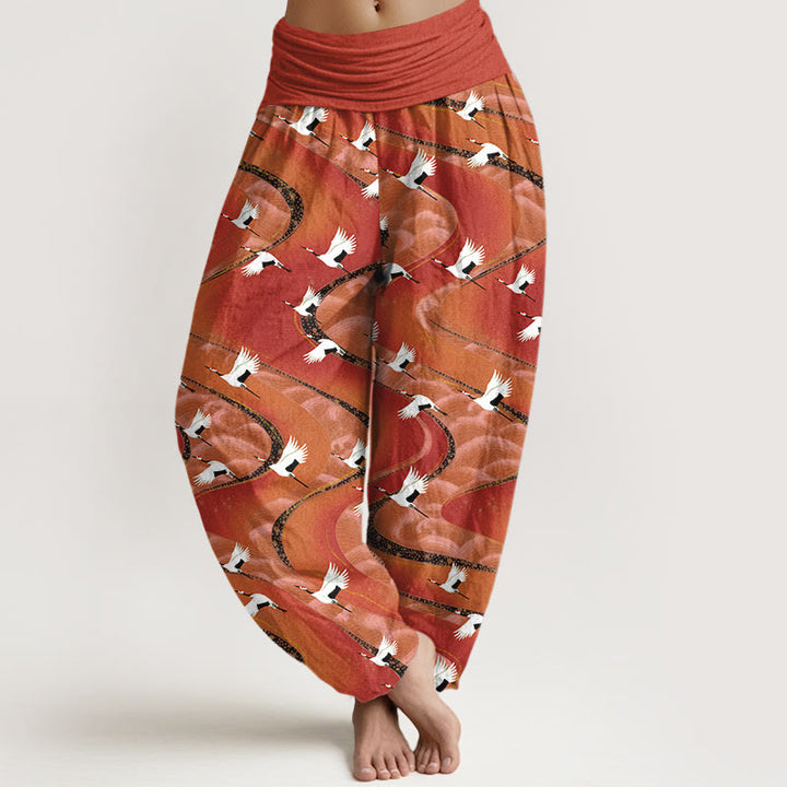 Pantalones Buddha Stones de algodón con cintura elástica para mujer, con elegantes grullas y líneas sinuosas. - Tomate - US16，UK/AU20，EU48 (3XL) - image 5