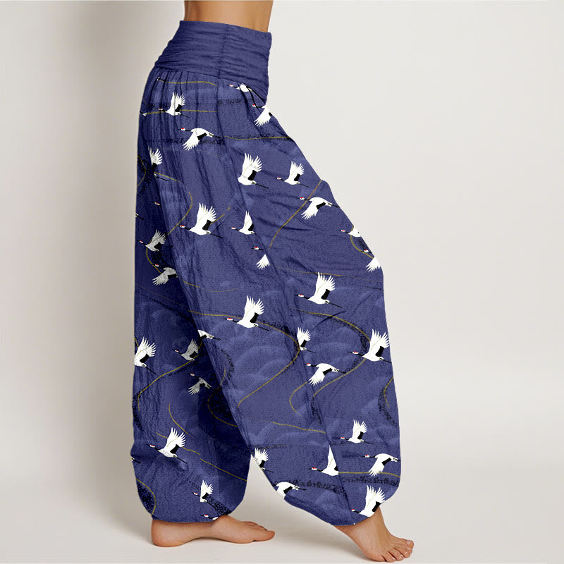 Pantalones Buddha Stones de algodón con cintura elástica para mujer, con elegantes grullas y líneas sinuosas. - image 10