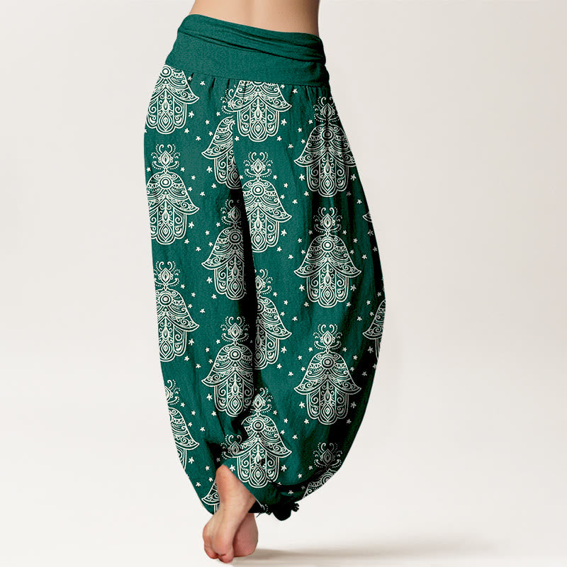 Pantalones harén de algodón con diseño de mano de Hamsa y Buddha Stones, cintura elástica, para mujer - image 1