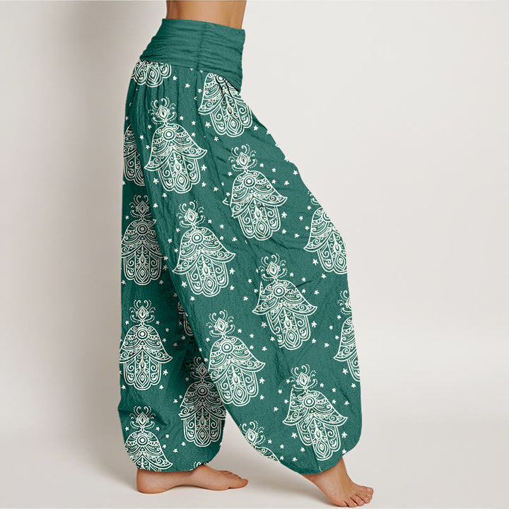 Pantalones harén de algodón con diseño de mano de Hamsa y Buddha Stones, cintura elástica, para mujer - image 2