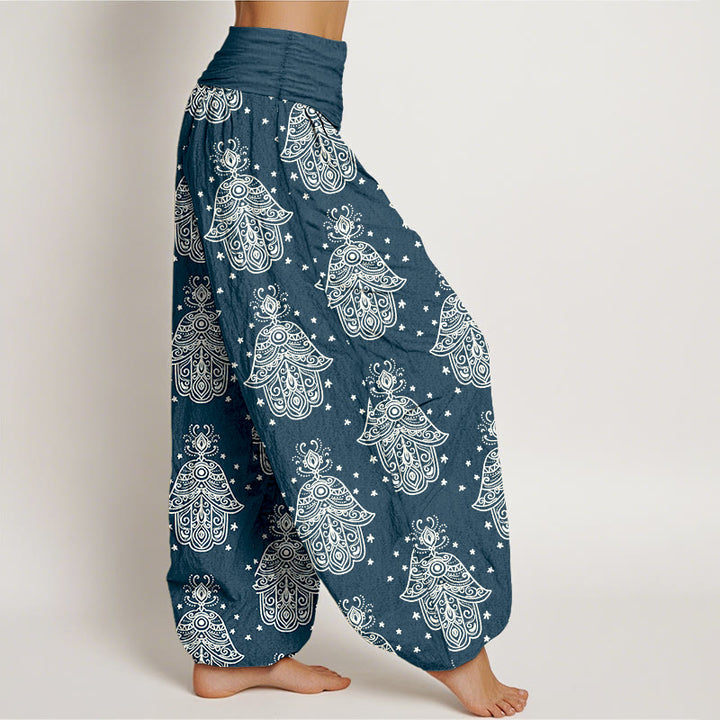 Pantalones harén de algodón con diseño de mano de Hamsa y Buddha Stones, cintura elástica, para mujer - image 7