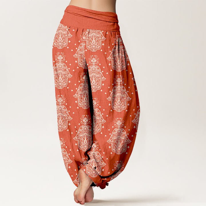 Pantalones harén de algodón con diseño de mano de Hamsa y Buddha Stones, cintura elástica, para mujer - image 9
