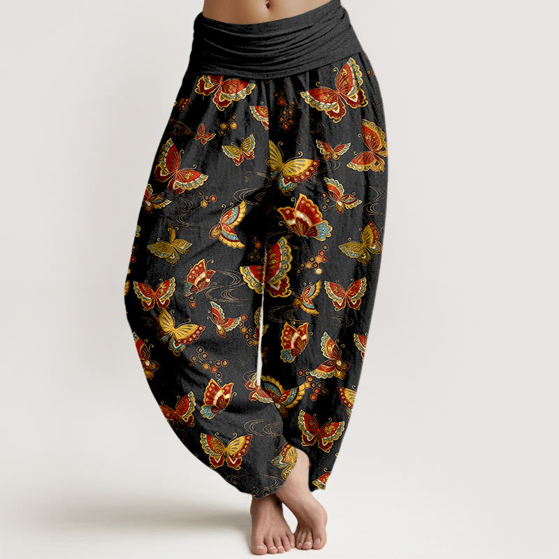 Pantalones harén de algodón con estampado de mariposas de colores y Buddha Stones para mujer con cintura elástica - Negro - US16，UK/AU20，EU48 (3XL) - image 0