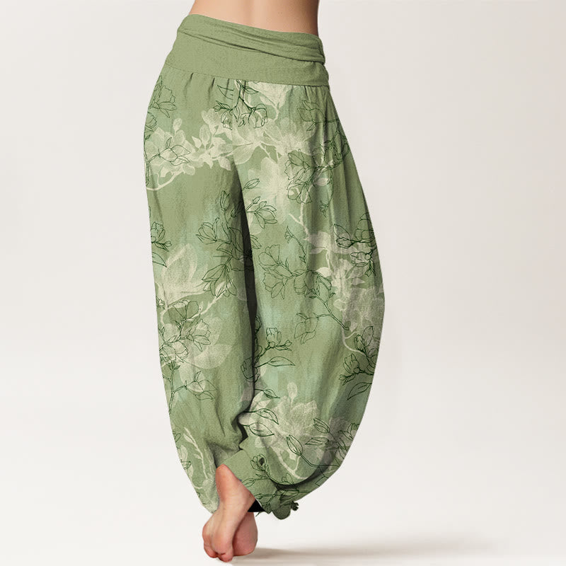 Pantalones harén de algodón con estampado de capullos de flores frescas y Buddha Stones para mujer con cintura elástica - image 1