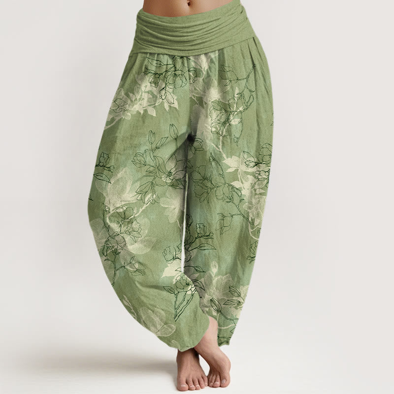 Pantalones harén de algodón con estampado de capullos de flores frescas y Buddha Stones para mujer con cintura elástica - AmarilloVerde - US16，UK/AU20，EU48 (3XL) - image 0