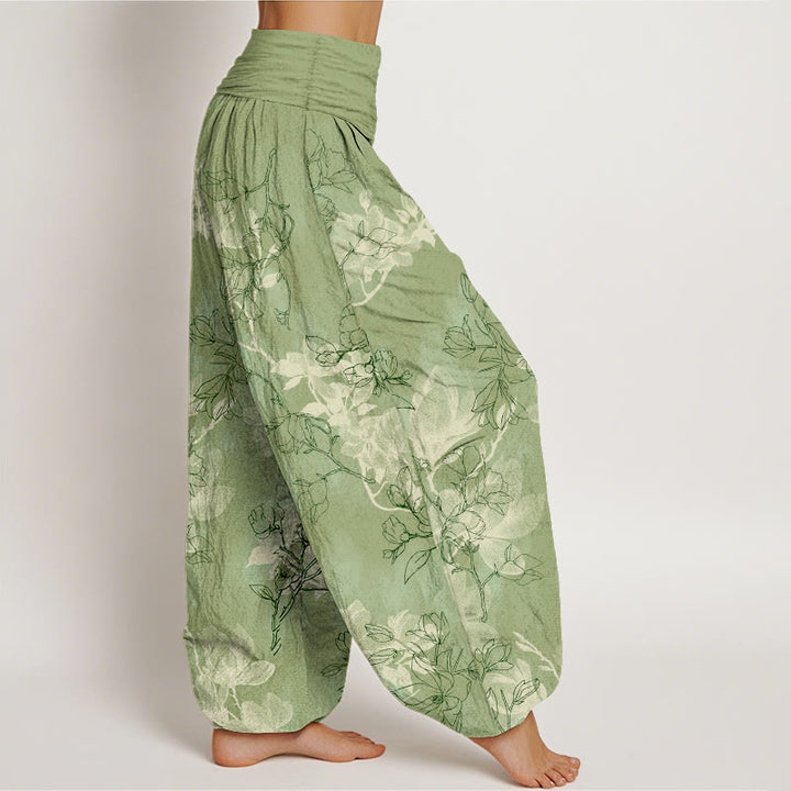 Pantalones harén de algodón con estampado de capullos de flores frescas y Buddha Stones para mujer con cintura elástica - image 2