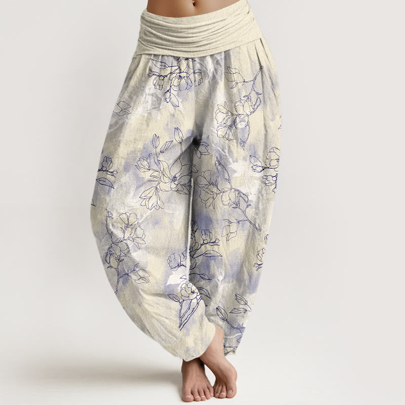 Pantalones harén de algodón con estampado de capullos de flores frescas y Buddha Stones para mujer con cintura elástica - Amarillo vara de oro claro - US16，UK/AU20，EU48 (3XL) - image 8