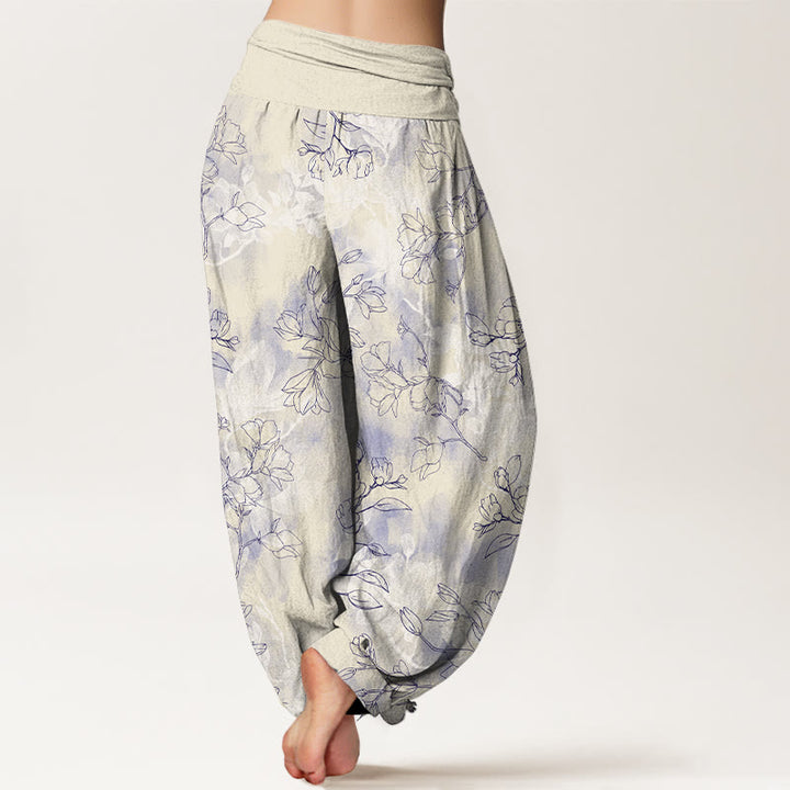 Pantalones harén de algodón con estampado de capullos de flores frescas y Buddha Stones para mujer con cintura elástica - image 9