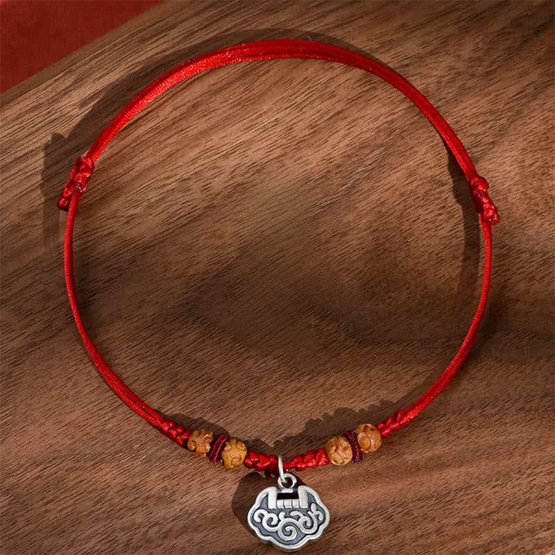 Collar ajustable con cuentas de madera de durazno y cierre de longevidad de plata con Buddha Stones, hilo rojo, para gatos y perros pequeños. - image 1