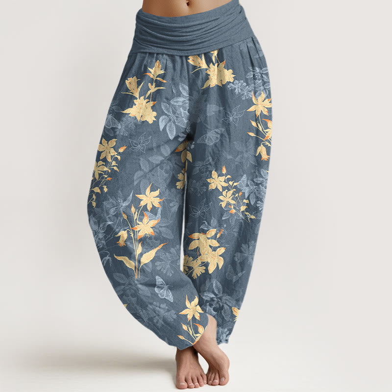 Pantalones Buddha Stones con estampado de hojas y flores frescas y refinadas para mujer, con cintura elástica - Gris pizarra claro - US16，UK/AU20，EU48 (3XL) - image 0