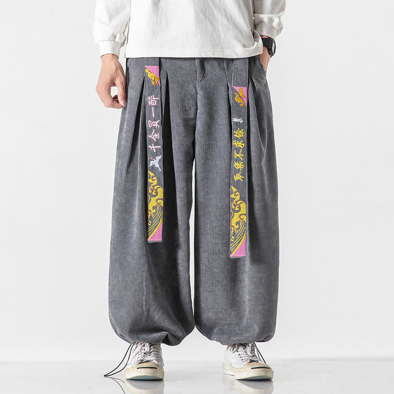 Pantalones de pana con bordado de caracteres chinos y cordones para hombre, otoño e invierno, con Buddha Stones y bolsillos - Gris claro - US/UK/AU46, EU56 (5XL) - image 5