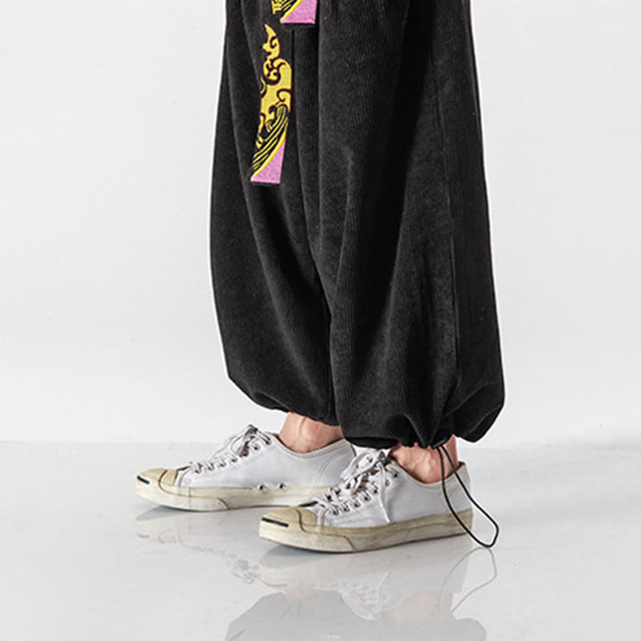 Pantalones de pana con bordado de caracteres chinos y cordones para hombre, otoño e invierno, con Buddha Stones y bolsillos - image 3