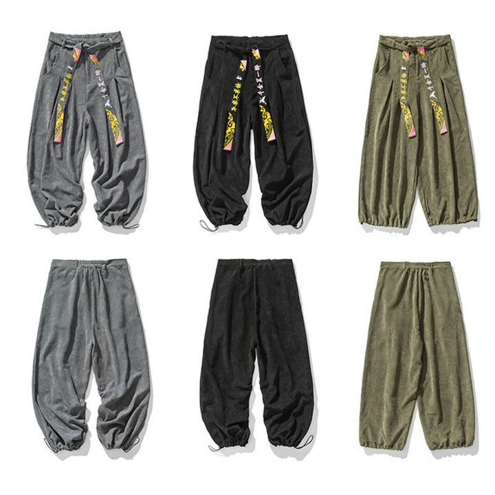 Pantalones de pana con bordado de caracteres chinos y cordones para hombre, otoño e invierno, con Buddha Stones y bolsillos - image 12