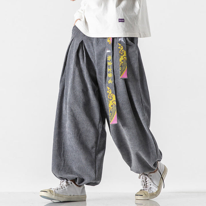 Pantalones de pana con bordado de caracteres chinos y cordones para hombre, otoño e invierno, con Buddha Stones y bolsillos - image 6