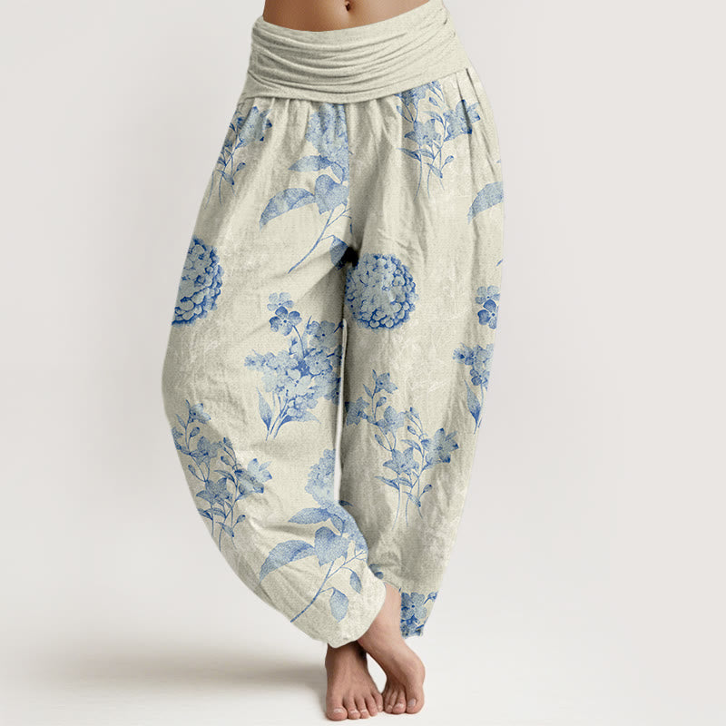 Pantalones Buddha Stones de algodón con estampado de hortensias y flores agrupadas para mujer, con cintura elástica - Beige - US16，UK/AU20，EU48 (3XL) - image 0