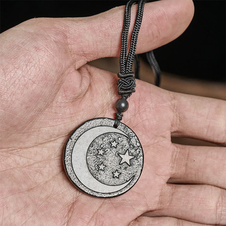 Collar con colgante de piedra de shungita auténtica con diseño redondo de Buddha Stones, luna y estrella. - image 6