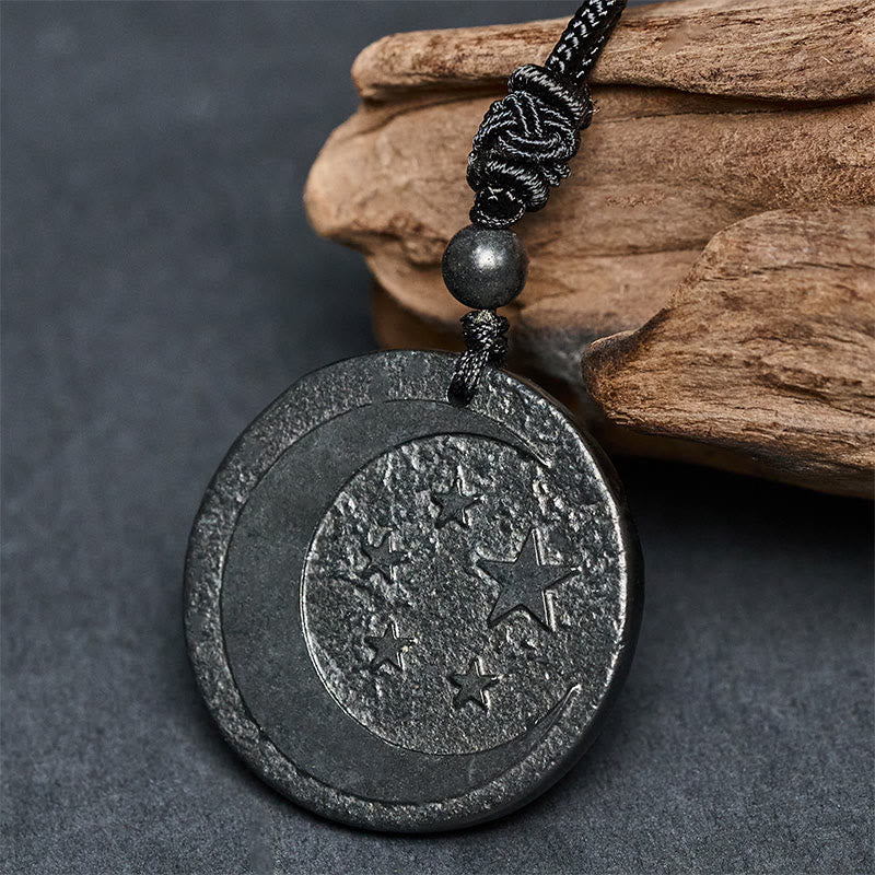 Collar con colgante de piedra de shungita auténtica con diseño redondo de Buddha Stones, luna y estrella. - image 3