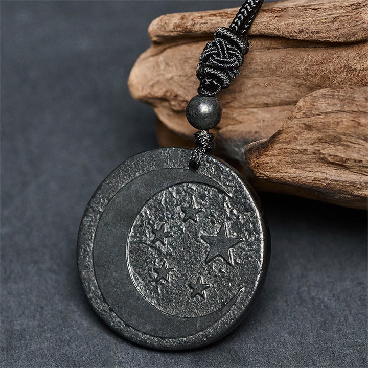 Collar con colgante de piedra de shungita auténtica con diseño redondo de Buddha Stones, luna y estrella. - image 3