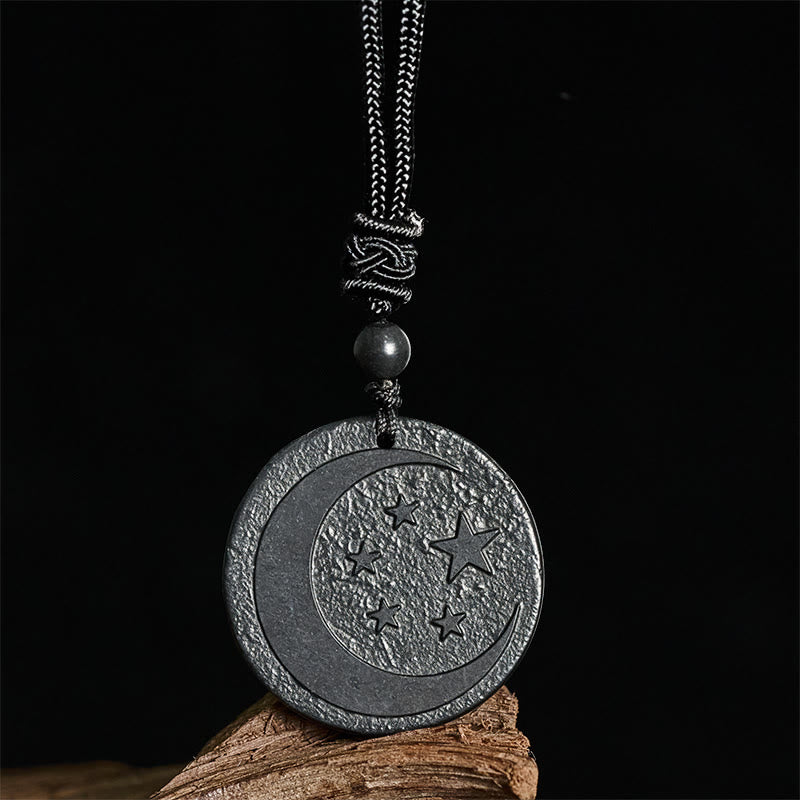 Collar con colgante de piedra de shungita auténtica con diseño redondo de Buddha Stones, luna y estrella. - image 2