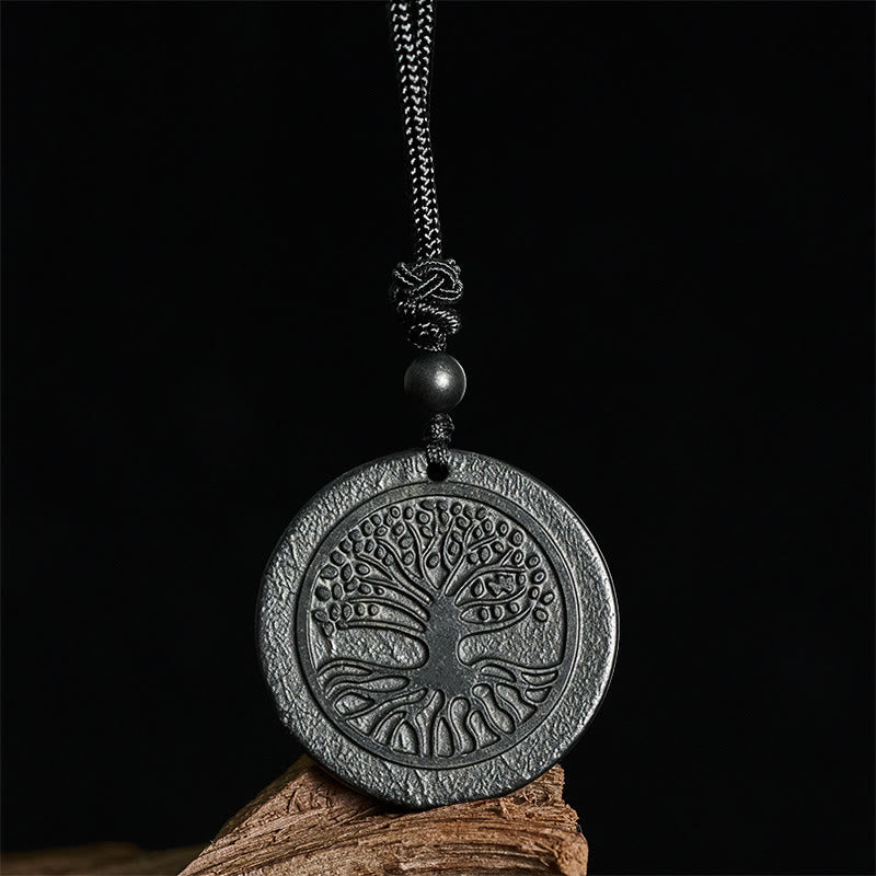 Collar con colgante de protección de piedra de shungita auténtica con patrón tallado del Árbol de la Vida y Buddha Stones - image 2