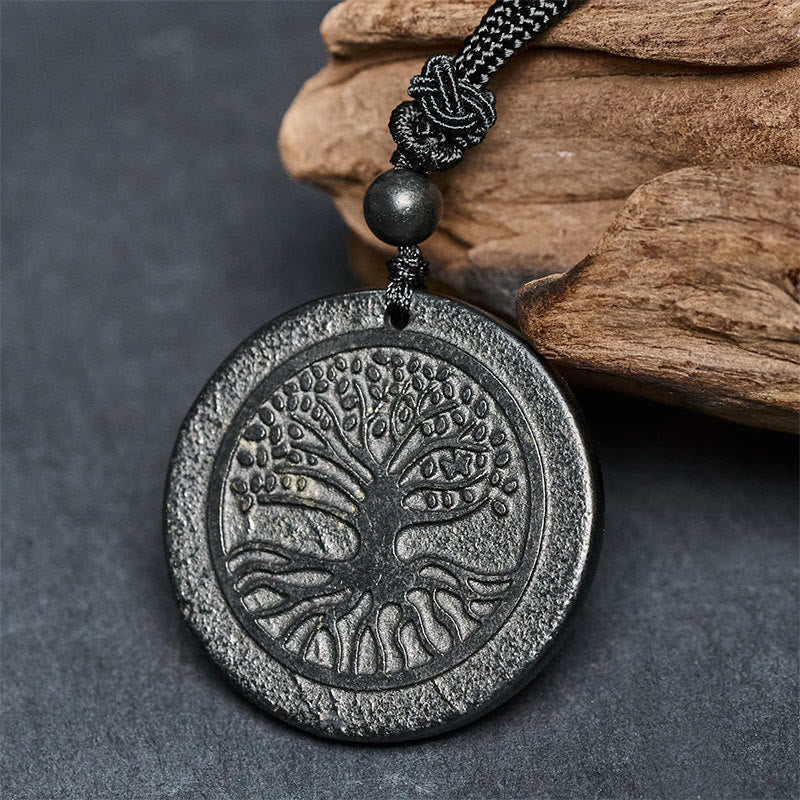 Collar con colgante de protección de piedra de shungita auténtica con patrón tallado del Árbol de la Vida y Buddha Stones - image 1